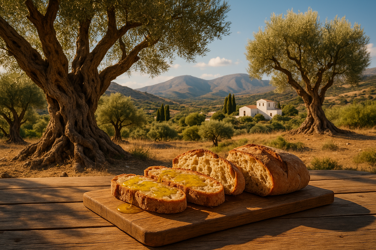 mach mir ein bild von kret und olivenbäume und brot mit olivenöl